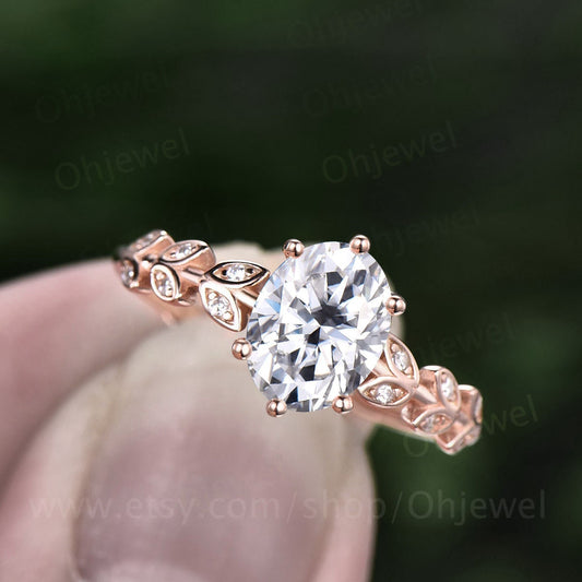 1.5ct oval cut Moissanite engagement ring solid 14k rose gold branches leaf Leaves twig nature inspired unique diamond wedding ring women