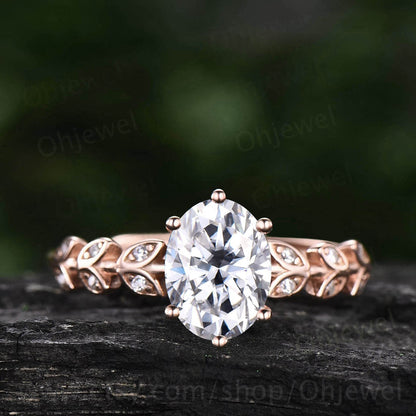 1.5ct oval cut Moissanite engagement ring solid 14k rose gold branches leaf Leaves twig nature inspired unique diamond wedding ring women