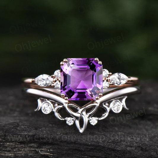 Asscher cut natural purple Amethyst engagement ring set solid 14k rose gold art deco unique diamond wedding bridal ring set women jewelry