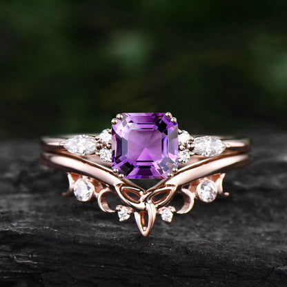 Asscher cut natural purple Amethyst engagement ring set solid 14k rose gold art deco unique diamond wedding bridal ring set women jewelry