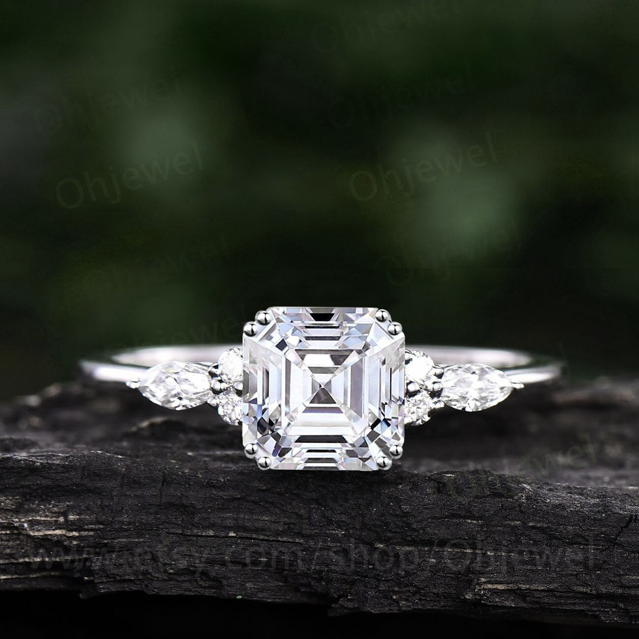 Asscher cut moissanite Amethyst engagement ring set solid 14k rose gold art deco unique diamond wedding bridal ring set for women jewelry