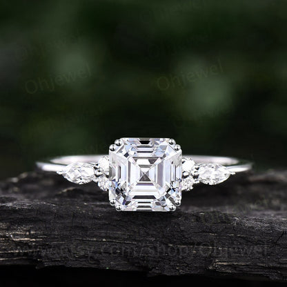 Asscher cut moissanite engagement ring set solid 14k rose gold art deco unique diamond wedding bridal ring set for women fine jewelry gift