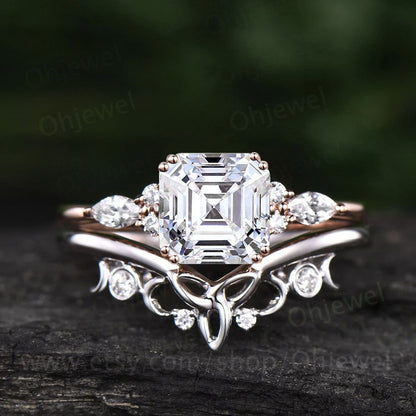Asscher cut moissanite engagement ring set solid 14k rose gold art deco unique diamond wedding bridal ring set for women fine jewelry gift