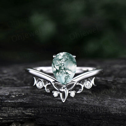 Unique wedding ring set pear shaped green moss agate engagement ring set vintage diamond ring set rose gold women cluster marquise cut ring