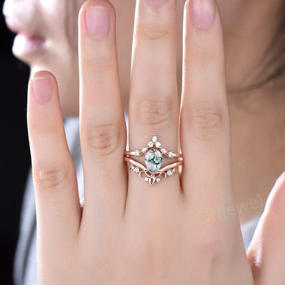 Unique wedding ring set pear shaped green moss agate engagement ring set vintage diamond ring set rose gold women cluster marquise cut ring