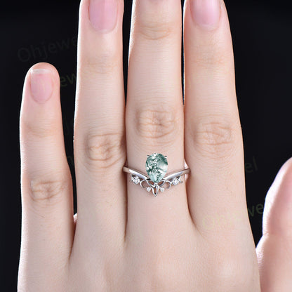 Unique wedding ring set pear shaped green moss agate engagement ring set vintage diamond ring set rose gold women cluster marquise cut ring
