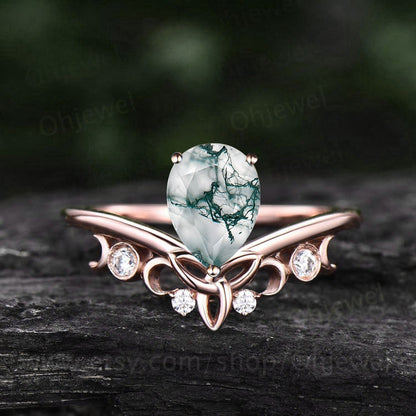 Unique wedding ring set pear shaped green moss agate engagement ring set vintage diamond ring set rose gold women cluster marquise cut ring