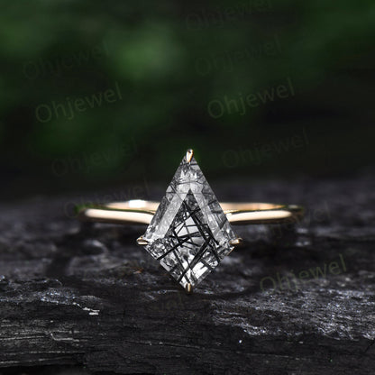 Vintage kite cut Black Rutilated Quartz engagement ring set yellow gold dainty moissanite ring unique Solitaire promise wedding ring women