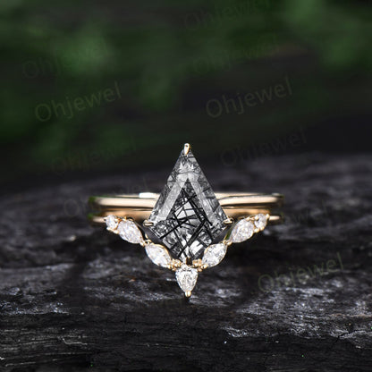 Vintage kite cut Black Rutilated Quartz engagement ring set yellow gold dainty moissanite ring unique Solitaire promise wedding ring women