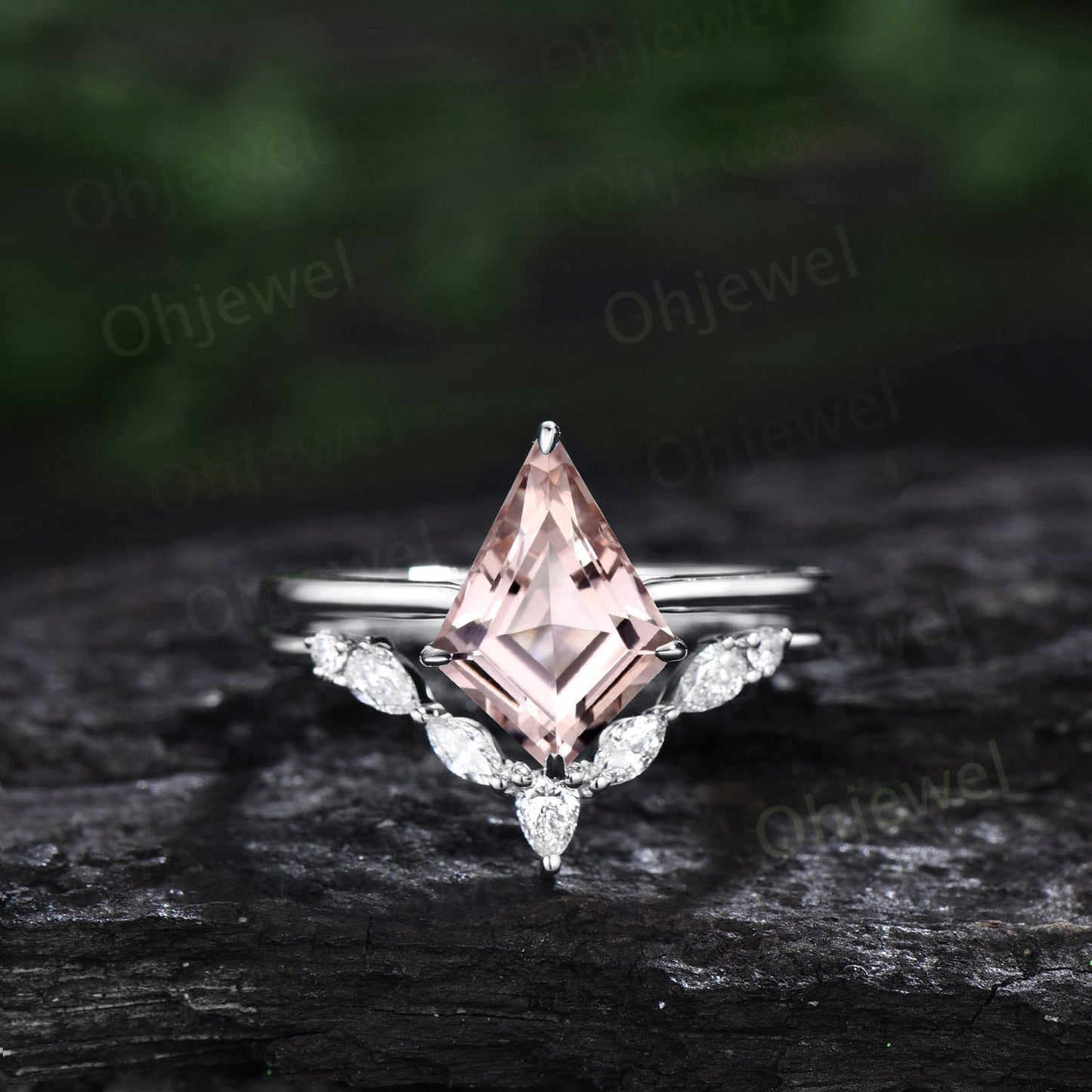 Vintage kite cut Morganite engagement ring set 14k rose gold marquise cut moissanite ring unique Solitaire promise wedding ring for women