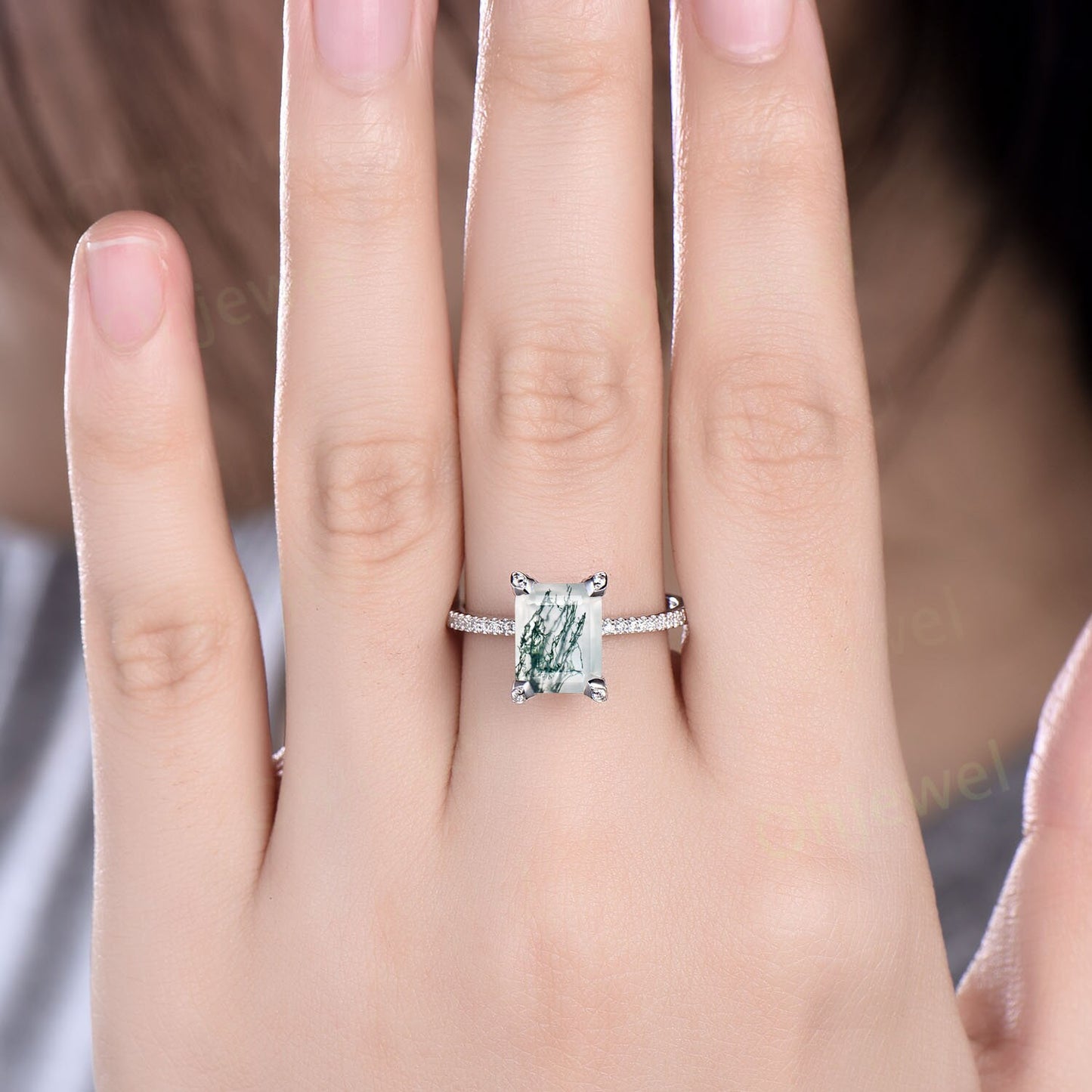 Unique emerald cut green moss agate engagement ring solid 14k white gold half eternity vintage basket prong set diamond ring women jewelry