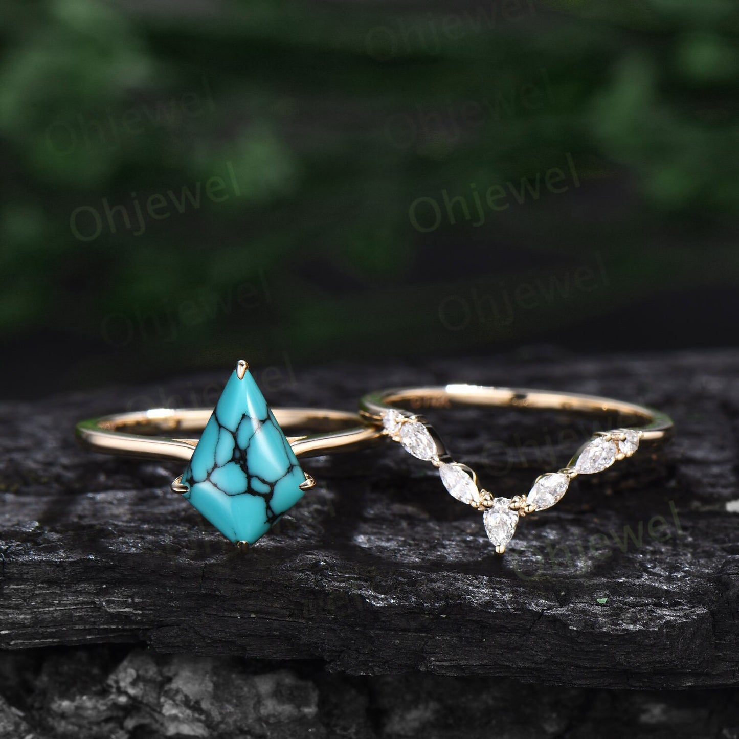 Kite natural Turquoise ring gold vintage unique engagement ring set Solitaire bridal wedding ring set women marquise moissanite ring gift