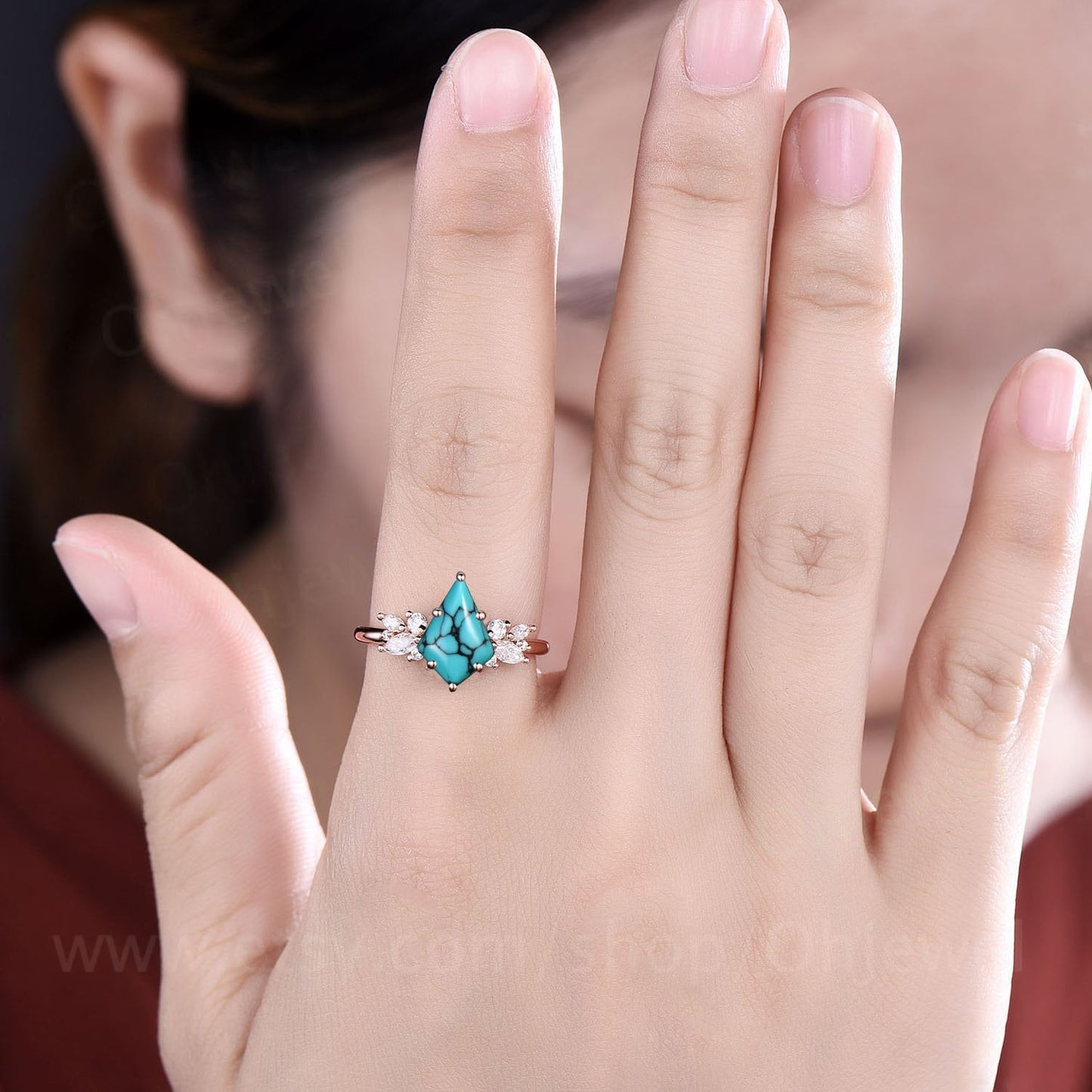 Kite natural Turquoise ring gold vintage unique engagement ring 6 prong cluster marquise cut diamond promise wedding ring for women gift
