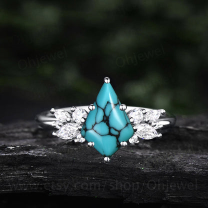 Kite natural Turquoise ring gold vintage unique engagement ring 6 prong cluster marquise cut diamond promise wedding ring for women gift