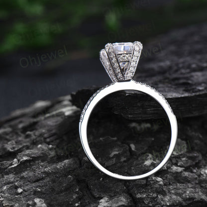 Unique radiant cut moissanite engagement ring solid 14k white gold half eternity vintage basket prong set diamond ring women jewelry