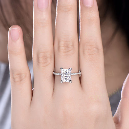 Unique radiant cut moissanite engagement ring solid 14k white gold half eternity vintage basket prong set diamond ring women jewelry