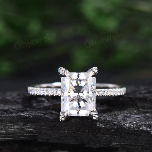 Unique radiant cut moissanite engagement ring solid 14k white gold half eternity vintage basket prong set diamond ring women jewelry
