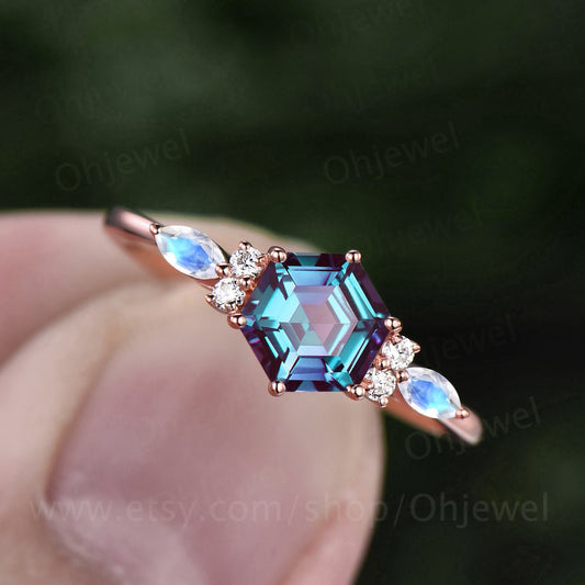 Hexagon cut Alexandrite engagement ring rose gold vintage unique marquise moonstone engagement ring art deco opal wedding ring for women