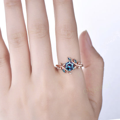 Twig Hexagon cut Alexandrite engagement ring solid 14k rose gold leaf Nature inspired branches diamond wedding anniversary ring women gift