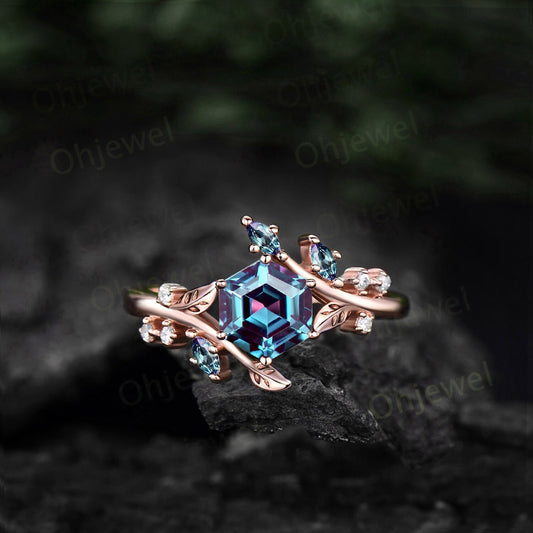 Twig Hexagon cut Alexandrite engagement ring solid 14k rose gold leaf Nature inspired branches diamond wedding anniversary ring women gift