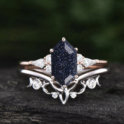 Hexagon cut blue goldstone ring vintage blue sandstone engagement ring set solid 14k gold kite moissanite anniversary ring set women gift
