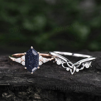 Hexagon cut blue goldstone ring vintage blue sandstone engagement ring set solid 14k gold kite moissanite anniversary ring set women gift