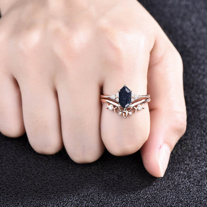 Hexagon cut blue goldstone ring vintage blue sandstone engagement ring set solid 14k gold kite moissanite anniversary ring set women gift