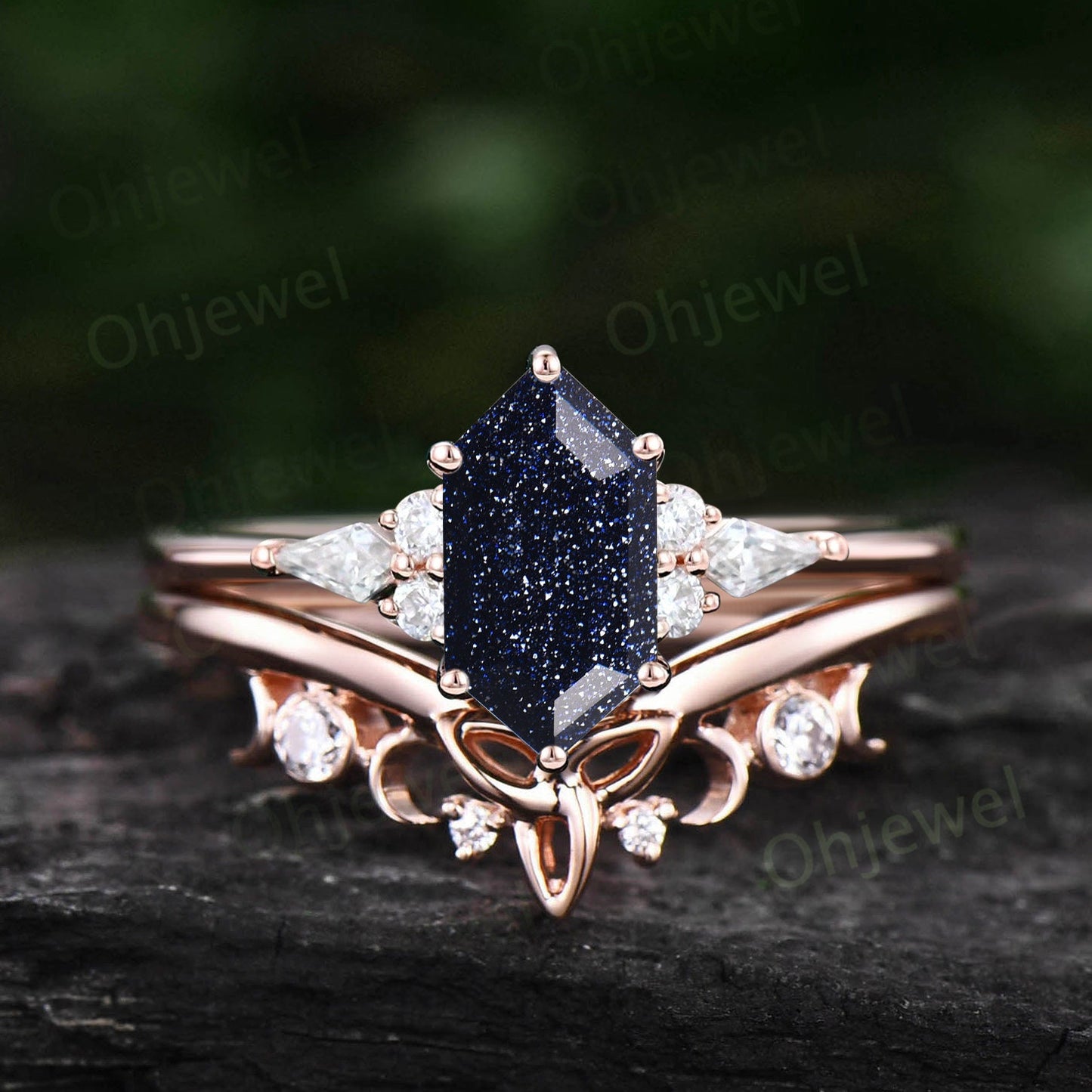 Hexagon cut blue goldstone ring vintage blue sandstone engagement ring set solid 14k gold kite moissanite anniversary ring set women gift