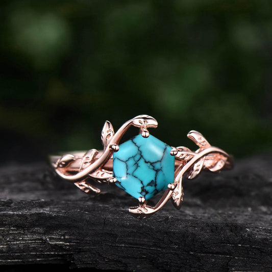 Hexagon Turquoise ring rose gold vintage unique leaf nature inspired engagement ring Vine Twisted wedding anniversary ring for women silver