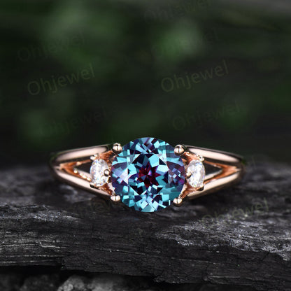 2ct Round cut Alexandrite ring three stone split shank engagement ring vintage moissanite ring rose gold silver June birthstone promise ring