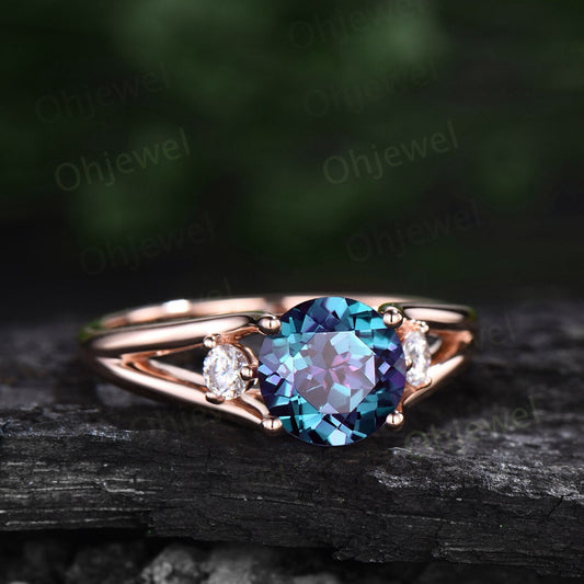 2ct Round cut Alexandrite ring three stone split shank engagement ring vintage moissanite ring rose gold silver June birthstone promise ring