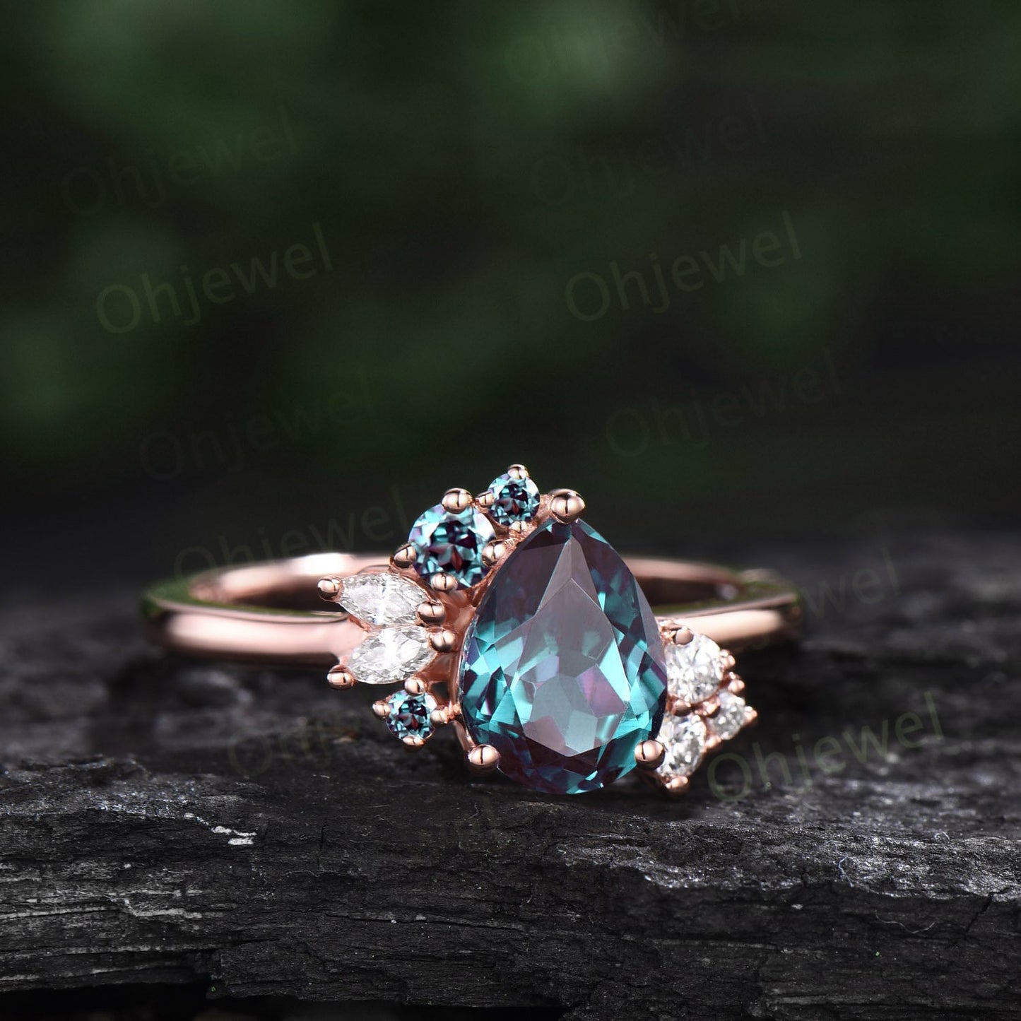 Pear shaped alexandrite ring rose gold vintage unique engagement ring dainty cluster marquise cut diamond anniversary wedding ring for women