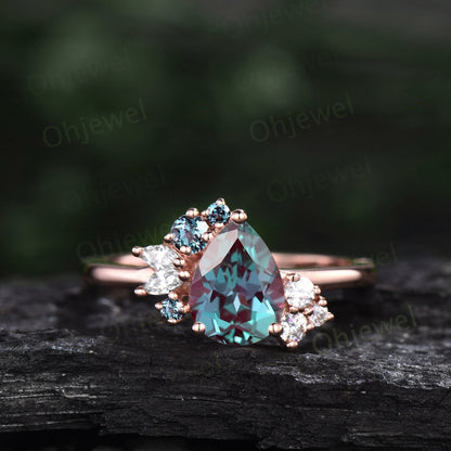 Pear shaped alexandrite ring rose gold vintage unique engagement ring dainty cluster marquise cut diamond anniversary wedding ring for women