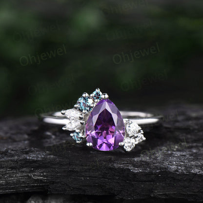 Pear shaped purple Amethyst ring rose gold vintage unique engagement ring cluster alexandrite ring marquise diamond anniversary ring women