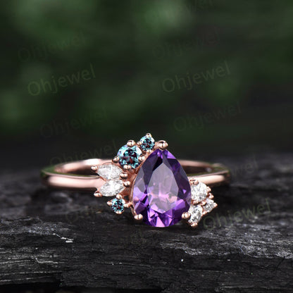 Pear shaped purple Amethyst ring rose gold vintage unique engagement ring cluster alexandrite ring marquise diamond anniversary ring women