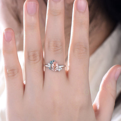Pear shaped morganite ring rose gold vintage unique morganite engagement ring art deco diamond alexandrite ring women bridal wedding ring