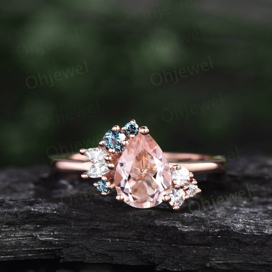 Pear shaped morganite ring rose gold vintage unique morganite engagement ring art deco diamond alexandrite ring women bridal wedding ring