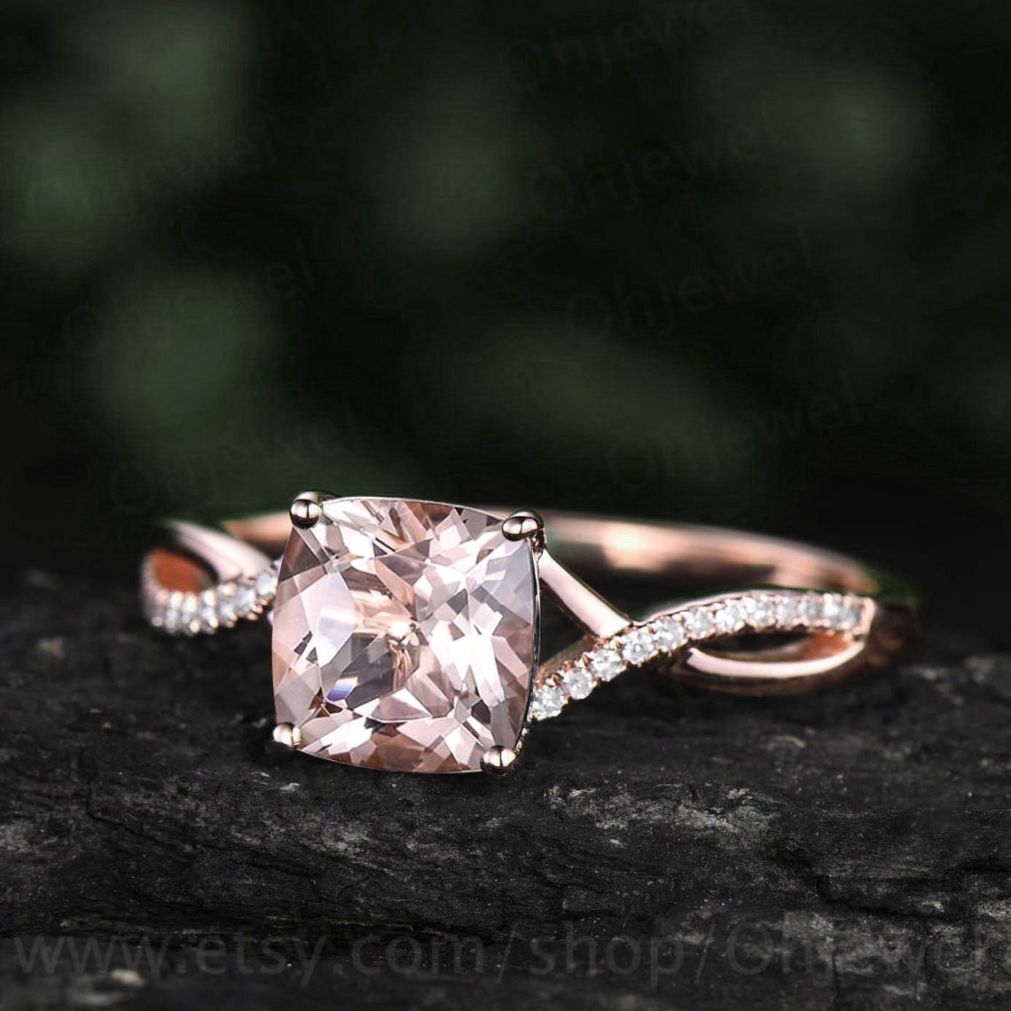 Vintage cushion cut morganite engagement ring solid 14k rose gold infinity Twisted half eternity diamond ring anniversary ring for women