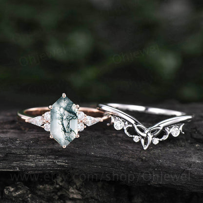 Unique bridal ring set hexagon cut green moss agate engagement ring set rose gold vitage kite moissanite ring promise wedding ring for women