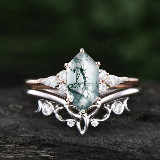 Unique bridal ring set hexagon cut green moss agate engagement ring set rose gold vitage kite moissanite ring promise wedding ring for women