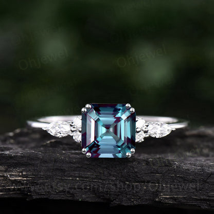 Asscher cut Alexandrite engagement ring set solid 14k rose gold art deco unique marquise diamond wedding bridal ring set for women jewelry
