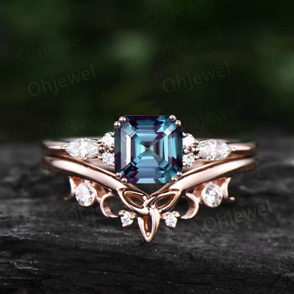 Asscher cut Alexandrite engagement ring set solid 14k rose gold art deco unique marquise diamond wedding bridal ring set for women jewelry
