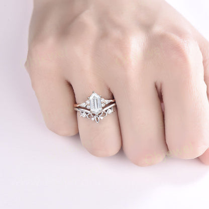Vintage Hexagon cut Moissanite engagement ring set 14k rose gold unique anniversary ring set women dainty 6 prong kite cut ring jewelry
