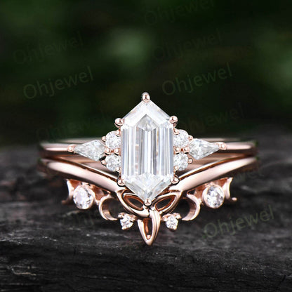 Vintage Hexagon cut Moissanite engagement ring set 14k rose gold unique anniversary ring set women dainty 6 prong kite cut ring jewelry