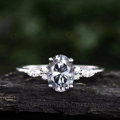Unique oval cut gray moissanite engagement ring set rose gold vintage cluster marquise cut diamond promise wedding ring set for women gift