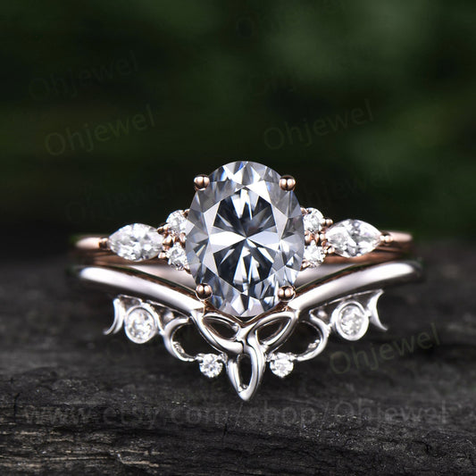 Unique oval cut gray moissanite engagement ring set rose gold vintage cluster marquise cut diamond promise wedding ring set for women gift