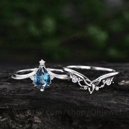 Vintage pear shaped London blue topaz engagement ring set rose gold cluster diamond ring dainty unique bridal wedding ring set women gift