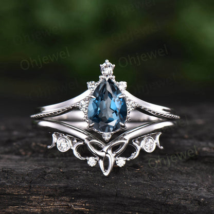 Vintage pear shaped London blue topaz engagement ring set rose gold cluster diamond ring dainty unique bridal wedding ring set women gift