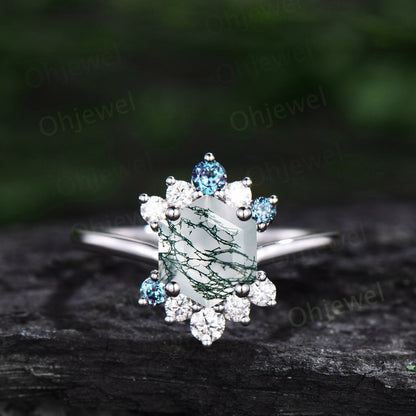 7mm Hexagon cut green moss agate ring white gold vintage unique engagement ring for women cluster diamond alexandrite wedding ring silver