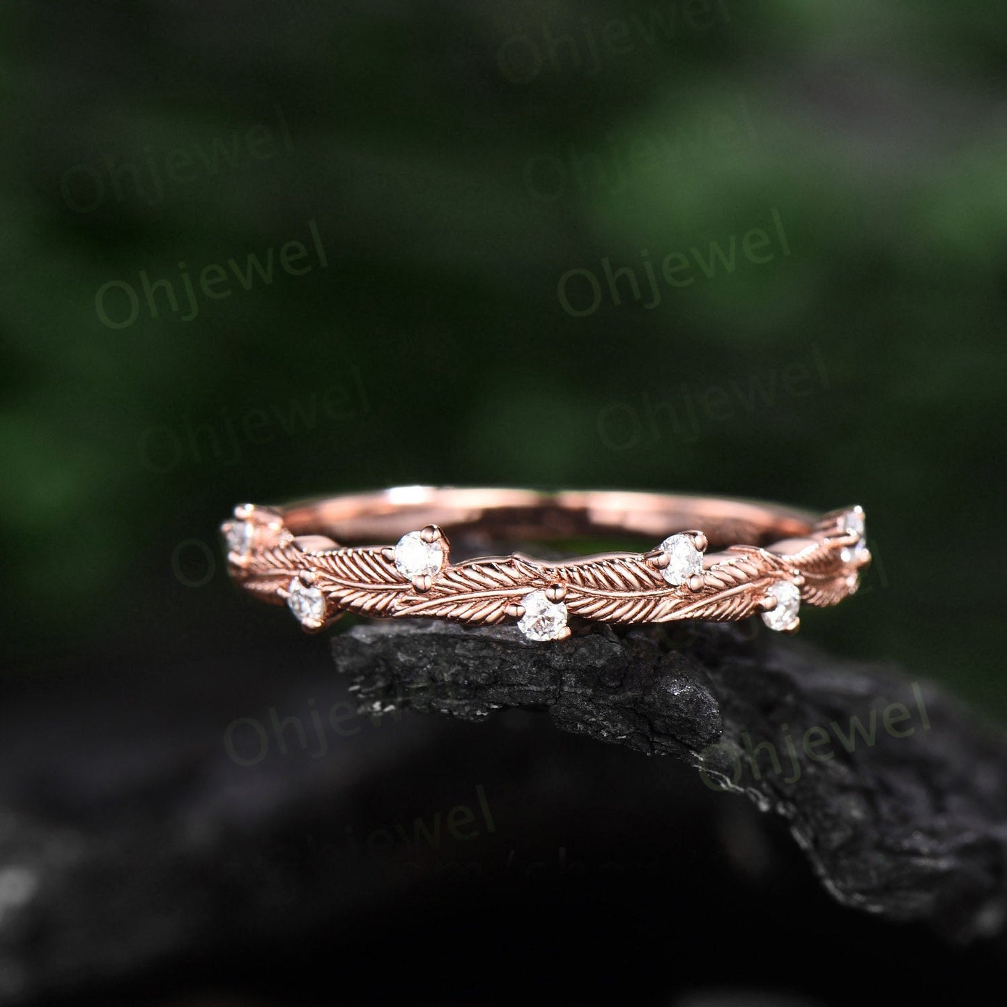 Twig diamond wedding band 14k rose gold branches leaf nature inspired wedding ring band unique vintage anniversary ring women gift for her